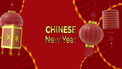 animation of chinese new year ext over lanterns and chinese pattern on red background
