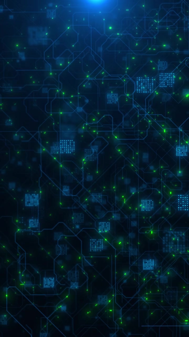 Green blue digital network background with glowing nodes circuit paths and abstract data connections