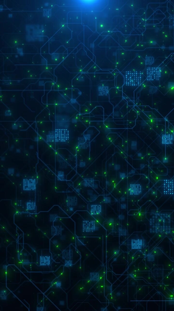 Green blue digital network background with glowing nodes circuit paths and abstract data connections