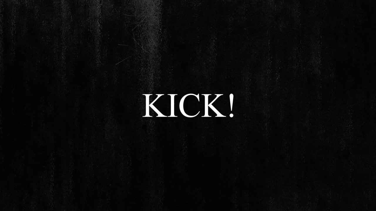 Animation of flickering text kick, with white vertical scratch lines moving on black background