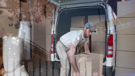 Animation of statistics processing over delivery man with cardboard boxes