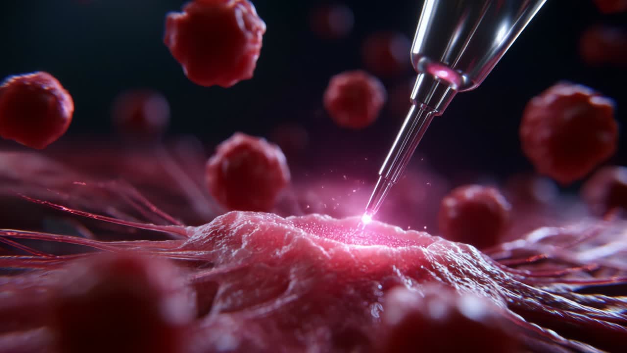 A close-up depiction of a high-precision laser beam targeting a biological structure, showcasing the intricate interactions between technology and cellular biology in a vibrant pink and red environment