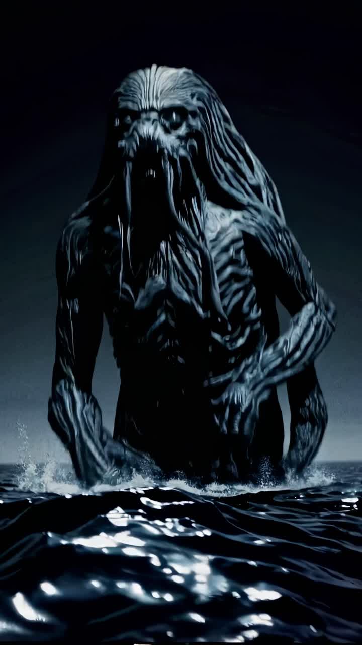 Kraken emerging from the depths of a dark sea at night, creating powerful waves and dramatic splashes, evoking a thrilling blend of fear and adventure in a mythical setting