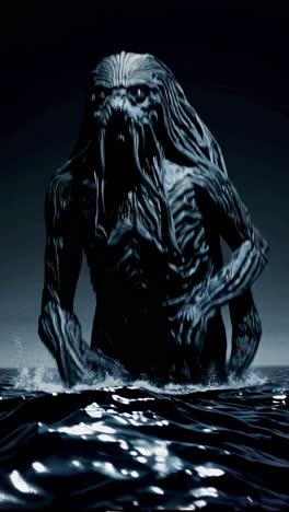 kraken emerging from the depths of a dark sea at night, creating powerful waves and dramatic splashes, evoking a thrilling blend of fear and adventure in a mythical setting