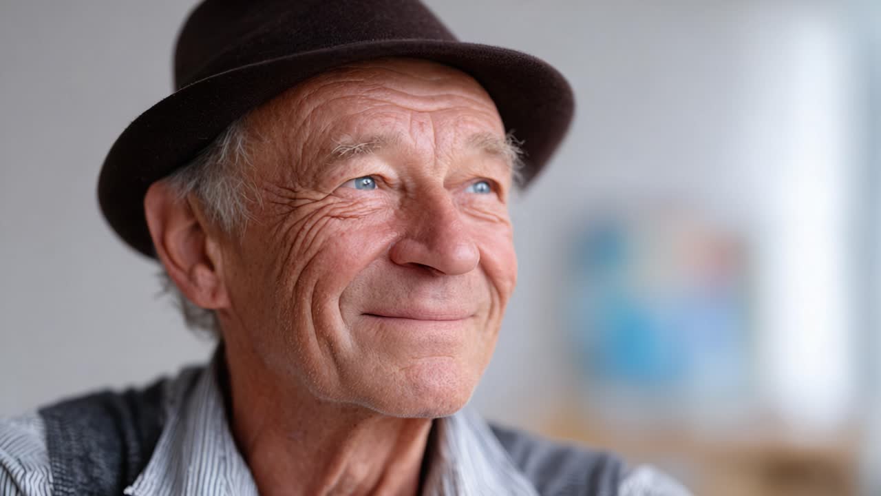 Un uomo anziano pensieroso con un fedora guarda verso l'orizzonte, mostrando un'espressione serena e occhi azzurri accattivanti che riflettono una vita di esperienze.