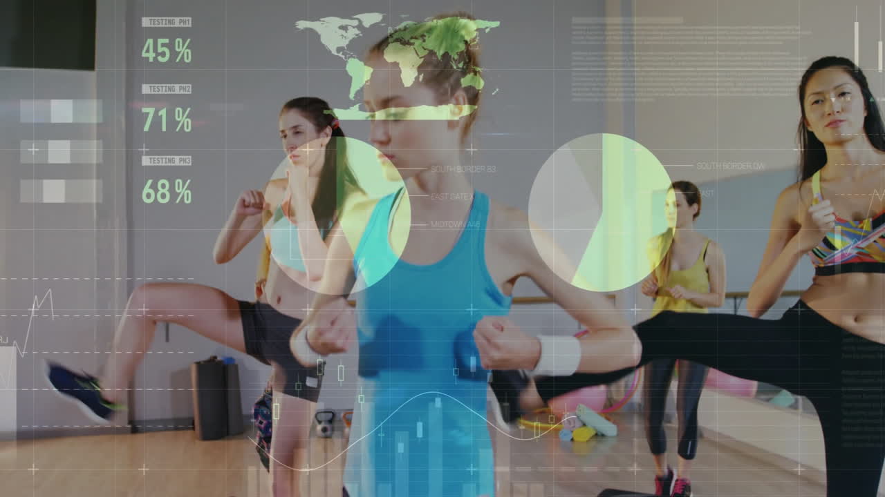 Women exercising in gym with fitness data and world map animation overlay
