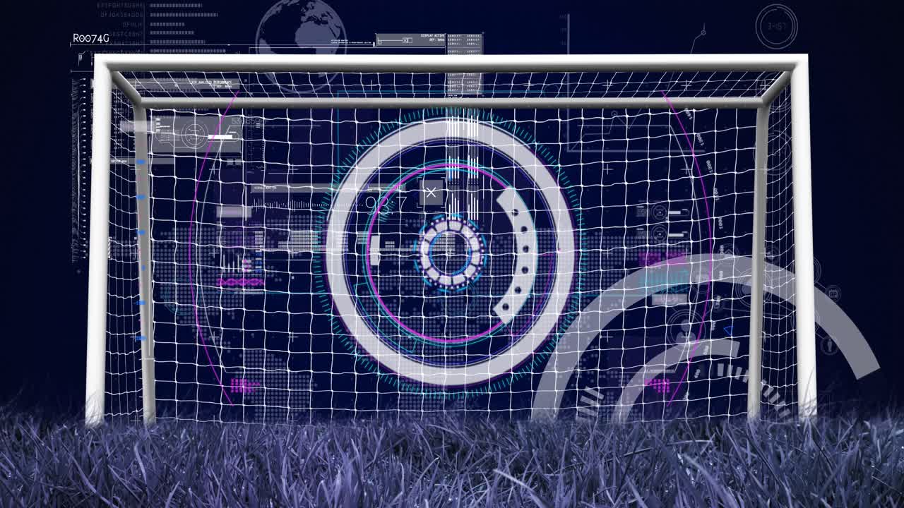 Animation of scopes scanning and data processing over football goal in sports stadium