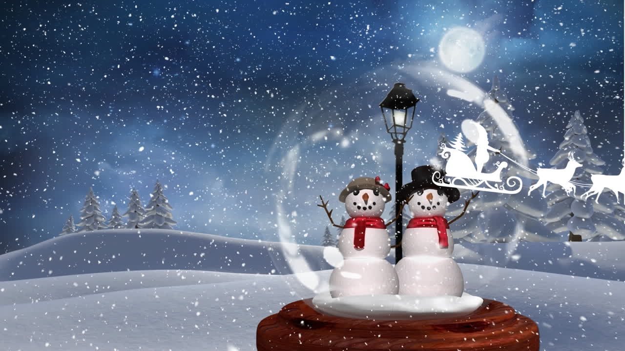 animación de la nieve cayendo sobre santa claus en trineo con renos globo de nieve de navidad.