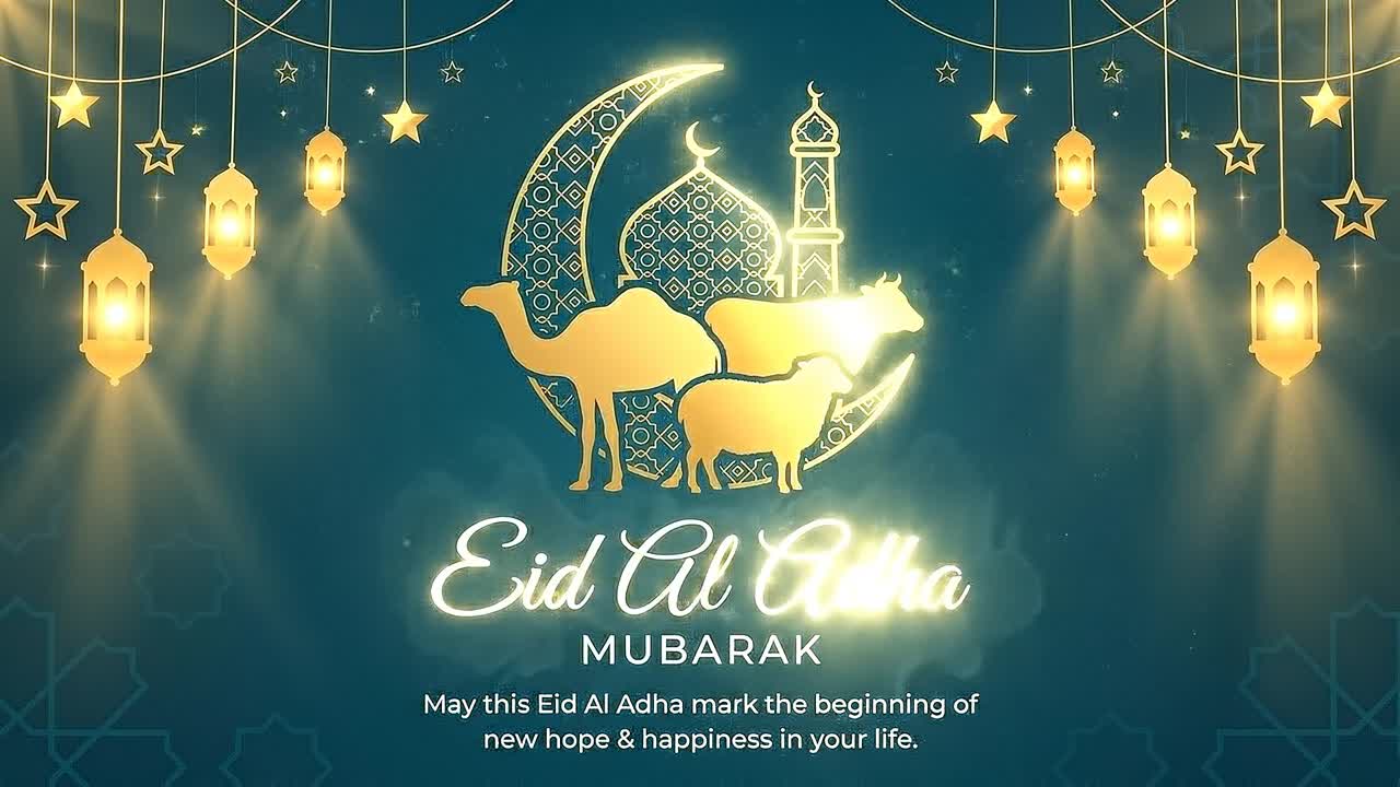 Animazione banner di auguri per Eid al-Adha con cammello, pecora, mucca, moschea, luna crescente e ornamenti geometrici islamici.