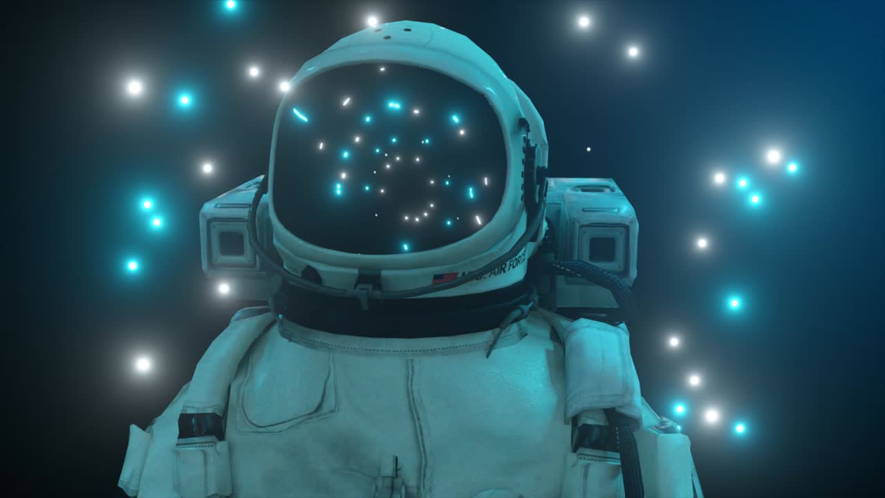 Astronaut omgivet af blinkende neonlys. Musik- og natklubkoncept. 3D-animation af en sømløs loop.
