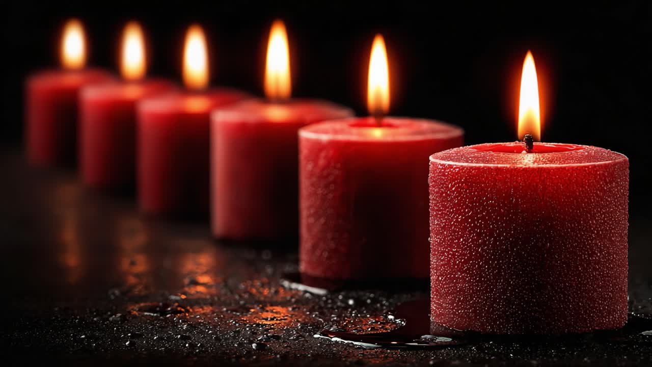 Una serena esposizione di candele rosse tremolanti: la bellezza accattivante delle forme di cera illuminate in uno spazio oscurato, creando un'atmosfera calda e invitante.
