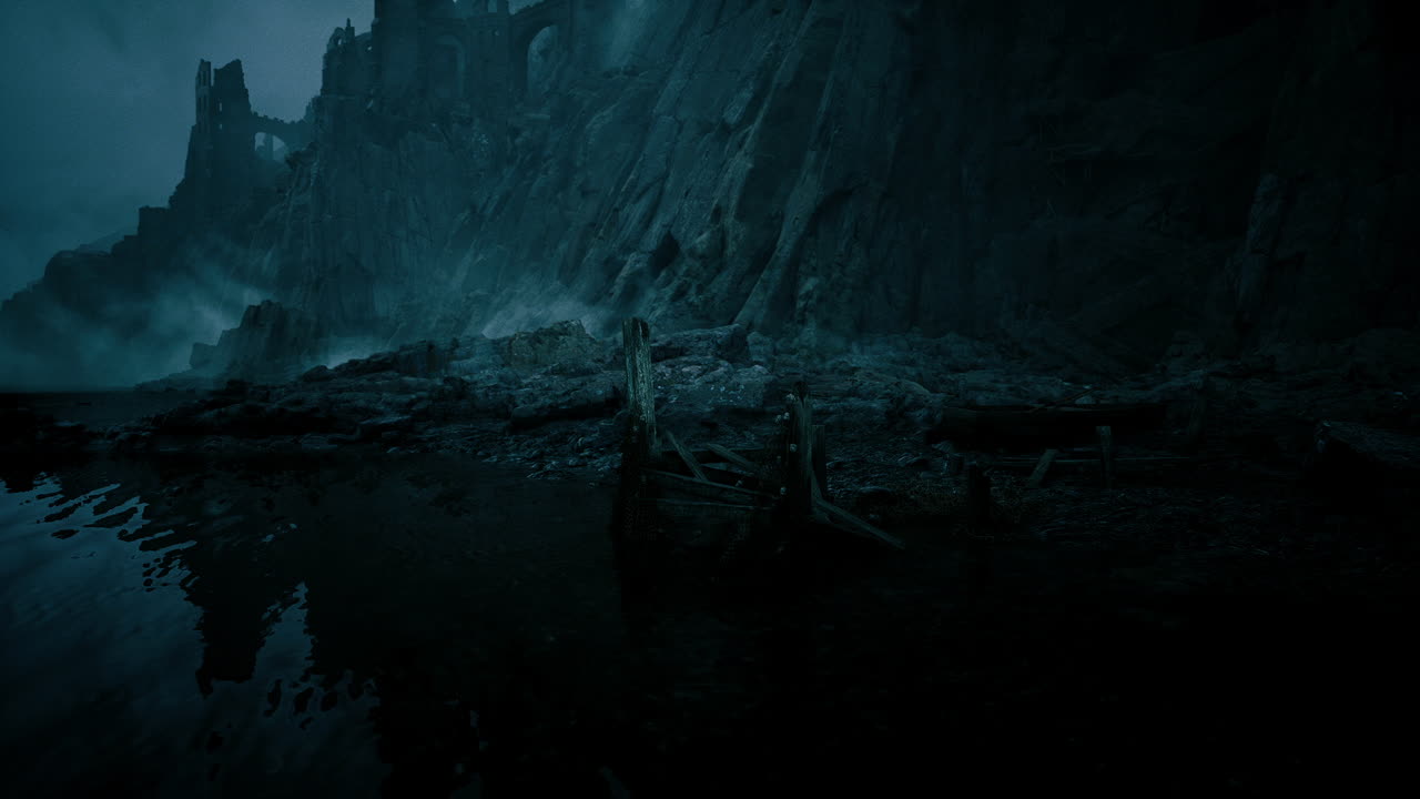 Mysterious landscape featuring rugged cliffs and reflective water at dusk