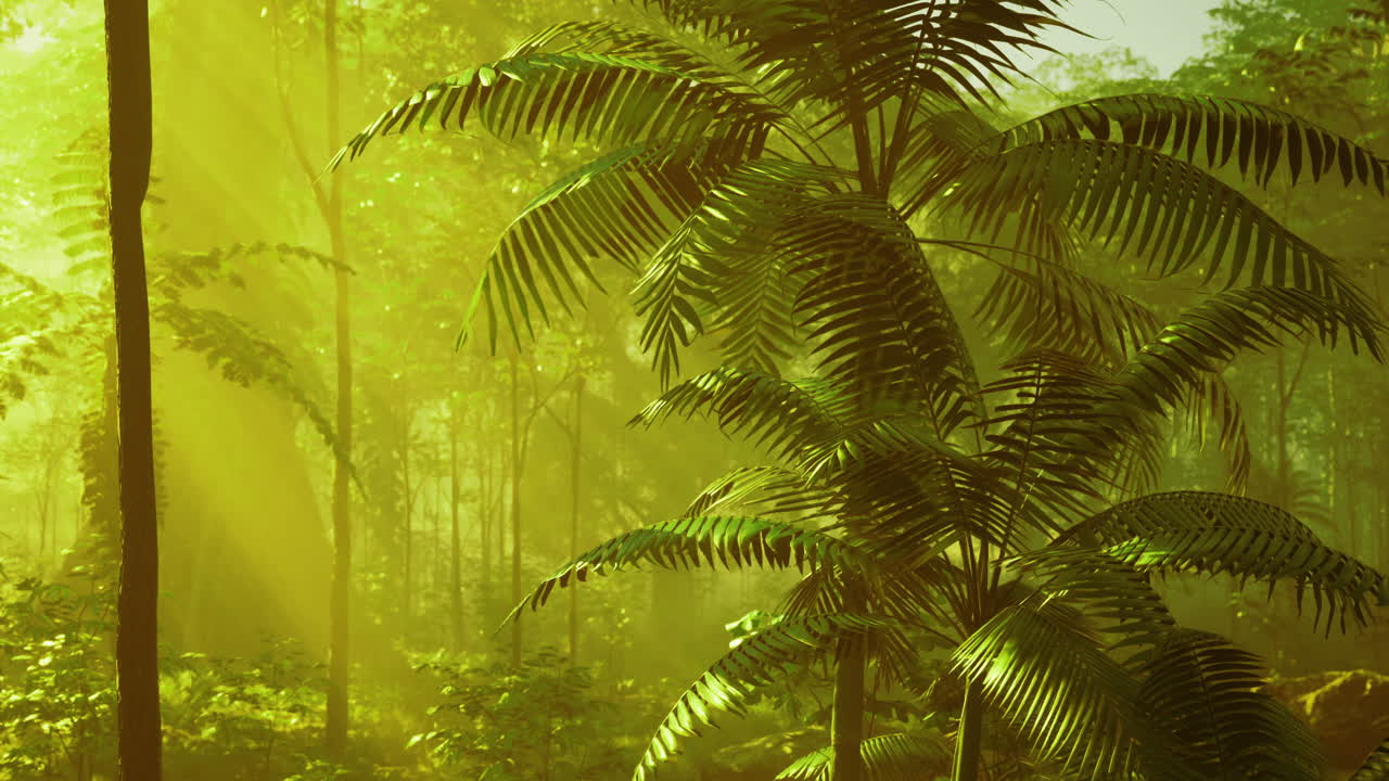 Lush green tropical forest with sunlit ferns and tranquil atmosphere