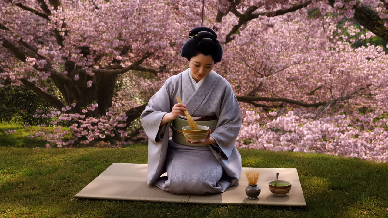 Japanese Tea Ceremony Under Cherry Blossoms