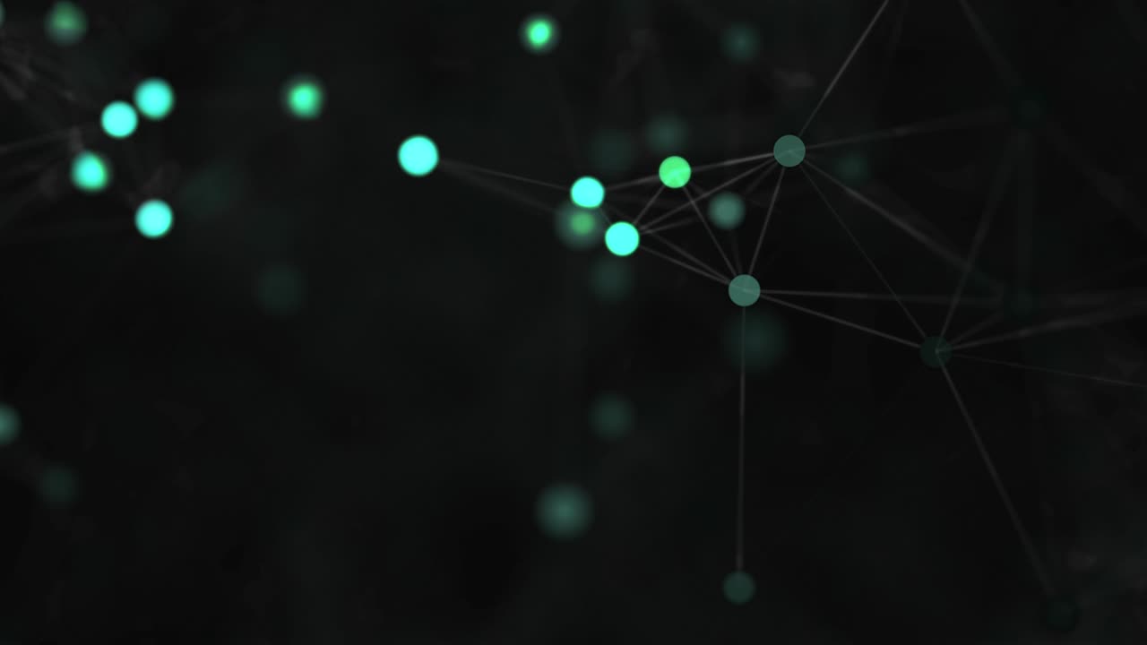 fondo abstracto, lleno de puntos blancos, que están conectados con líneas rectas ligeramente verdes, sobre un fondo negro borroso. acumulación de puntos. composición de zoom. las formas se mueven lentamente. 4k. bokeh.