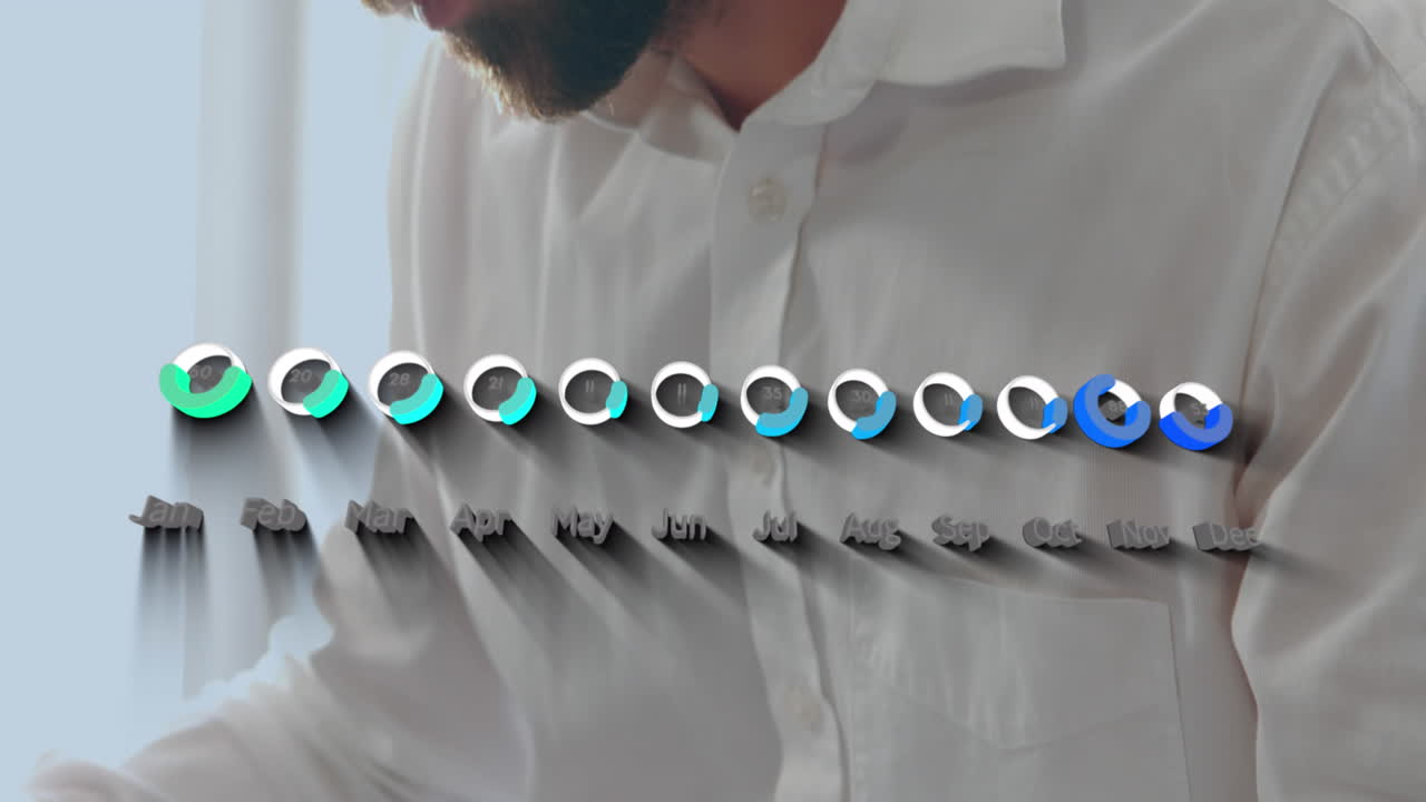 달의 이름과 함께 로딩 서클의 애니메이션, 커피를 마시면서 신문을 읽는 백인 남자