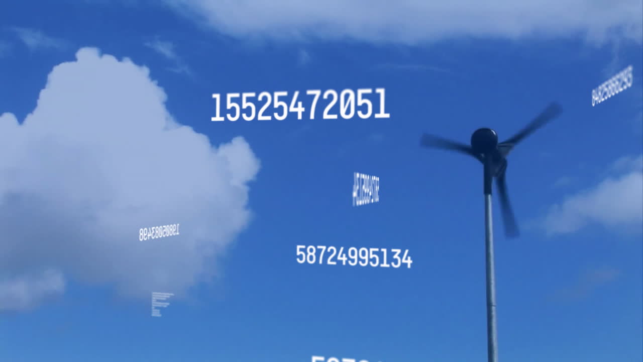 숫자와 데이터 처리 애니메이션과 함께 풍력 터빈, 구름과 함께 파란 하늘