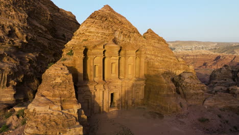 Aerial-View-Of-Ad-Deir-Monastery-During-Sunset-In-Petra,-Jordan