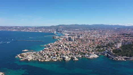 aerial global view of marseille sunny day, pointe cadière mediterranean city