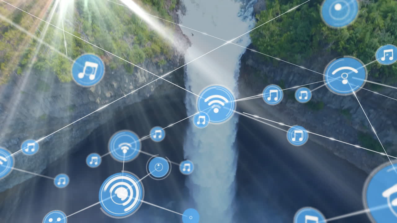 Animation of digital network icons overlaying waterfall in lush green forest setting