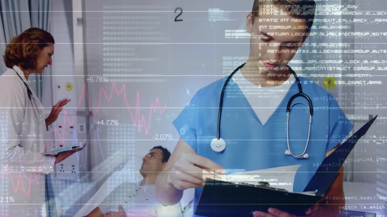 animación del procesamiento de datos entre dos médicos diferentes con pacientes