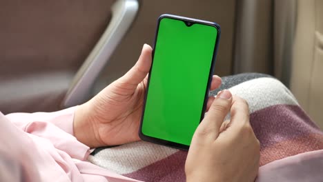 person holding a smartphone with a green screen