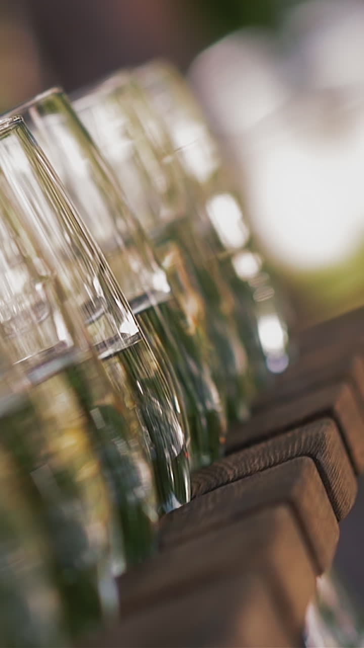 CU, slow motion: long line of elegant glasses with delicious luxury champagne on wooden rack near wall with artificial grass extreme close view
