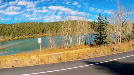 Driving-down-highway-passing-high-mountain-lake,-surrounded-by-pine-trees