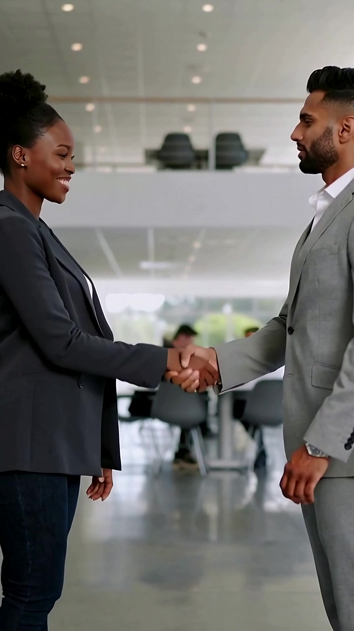 Vertical video: Entering atrium blazer woman and suit man shaking hands greeting at table