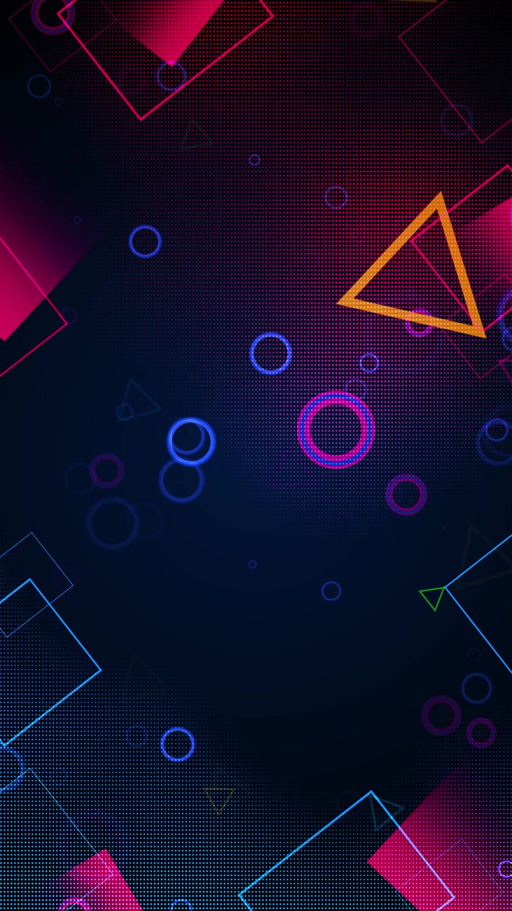 Colorful neon shapes background magenta highlights blue outlines circles triangles modern dotted