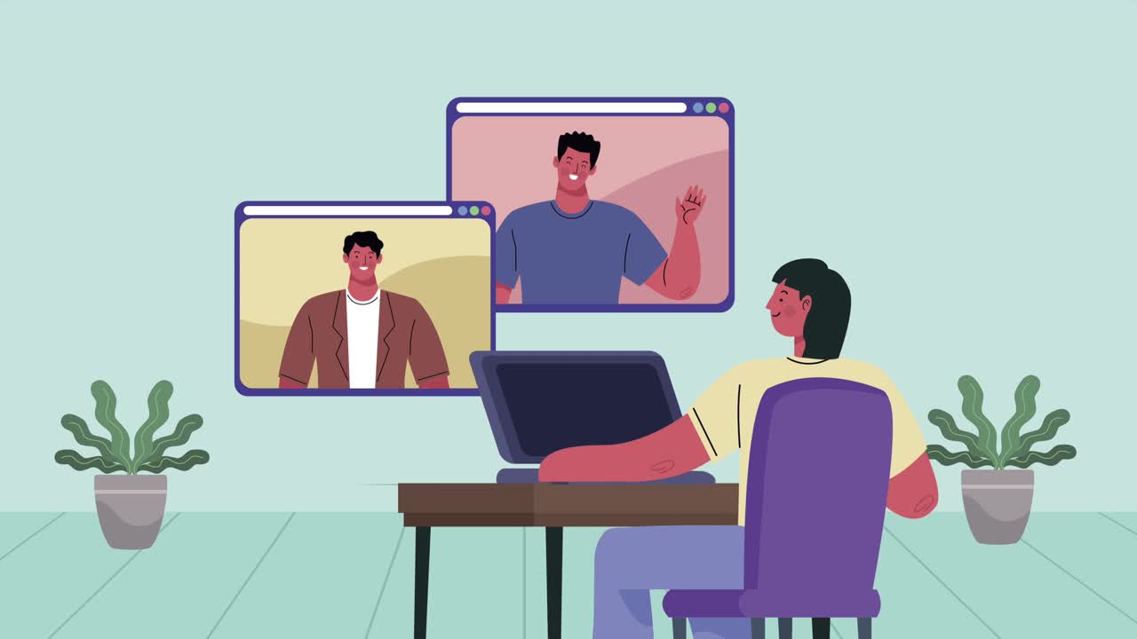 video conference animation with friends in laptop