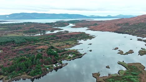 drone landscape flying over inlet from the sea on the ring of kerry on the wild atlantic way autumn morning in ireland