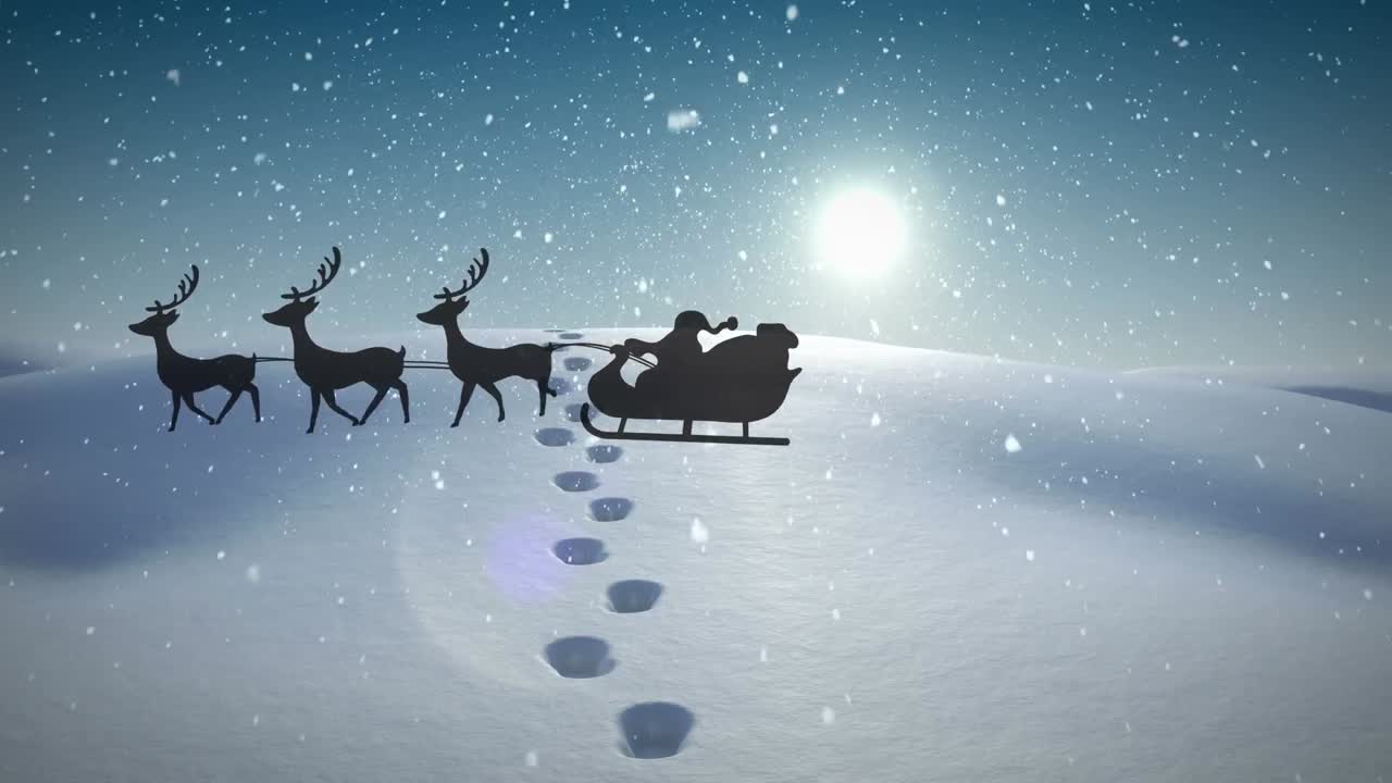 animación de santa claus en trineo con renos que pasan sobre un paisaje invernal nevado