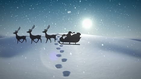 Animation-of-santa-claus-in-sleigh-with-reindeer-passing-over-snowy-winter-scenery