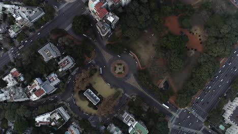 Aerial-ovehead-shot-in-slow-rotation-of-a-roundabout-and-crossroads-in-the-city-of-Buenos-Aires-Argentina-during-the-day