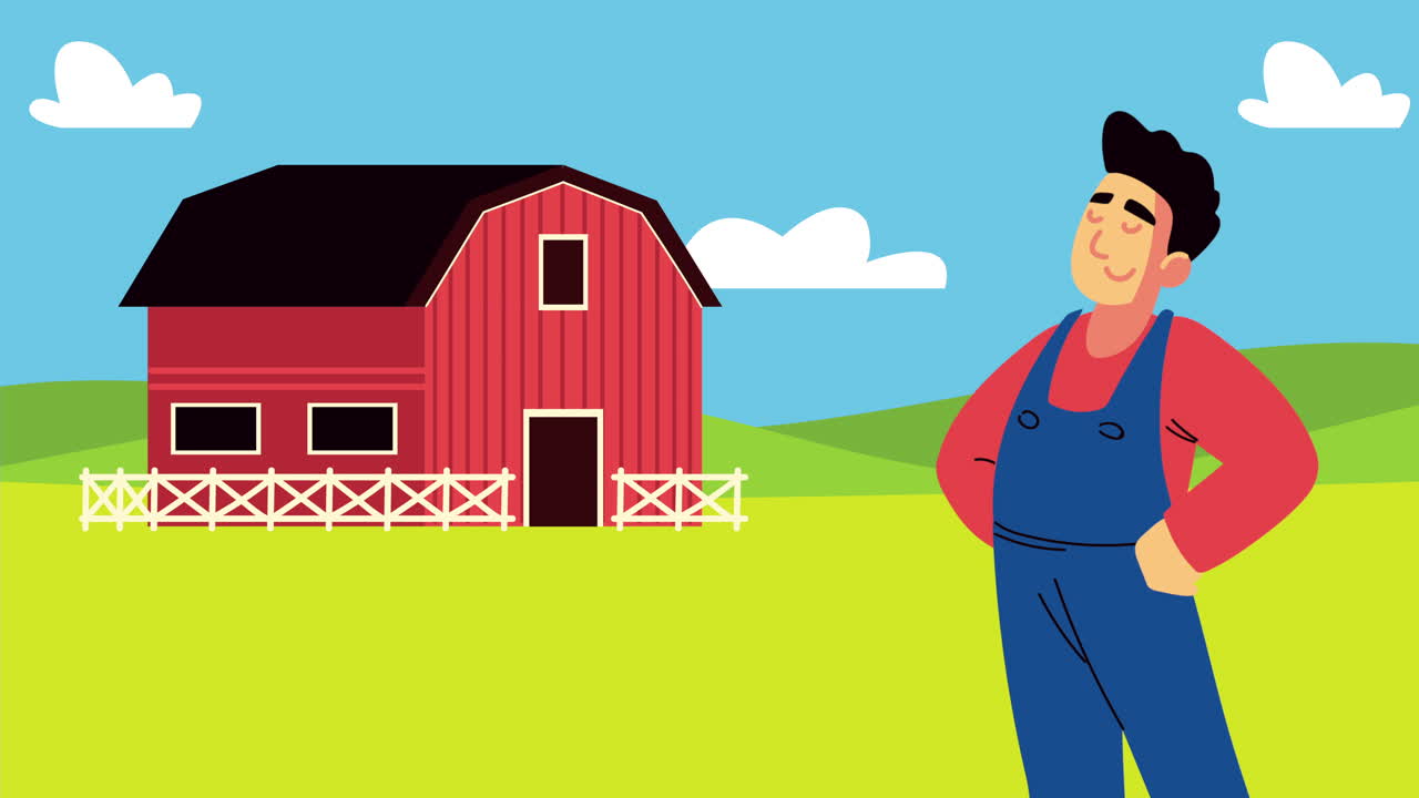 animación del estilo de vida agrícola con el agricultor y el establo