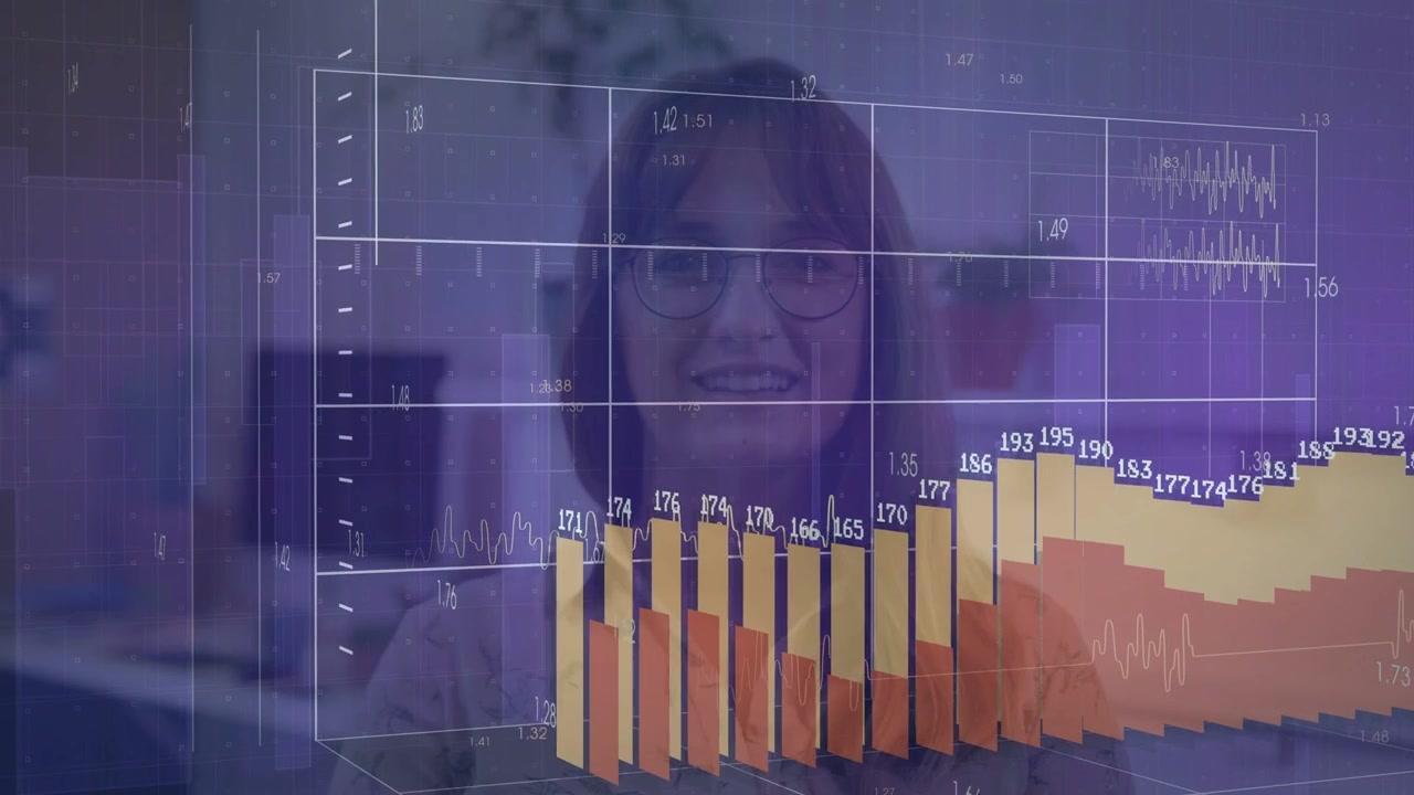 Video verticale: Griglia viola che appare, barre 3D che si alzano sulla scrivania, donna che sorride visualizzando metriche