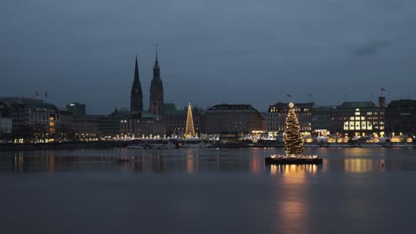 Timelapse-De-Día-A-Noche-Del-Jungfernstieg-En-Hamburgo,-Alemania