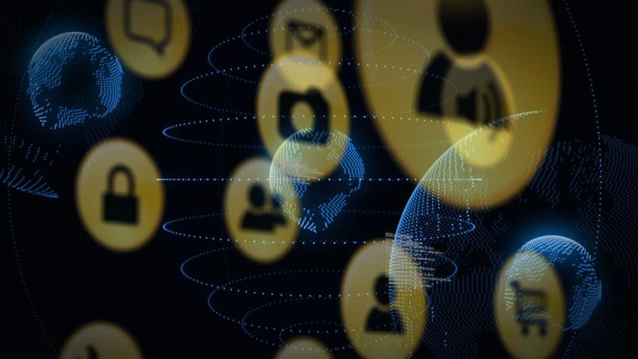 Digital communication icons connecting globe in network animation with global reach