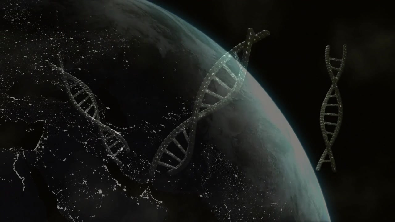 Planet dreht sich nach Osten, startet Helix-Formationen, die nach Westen driften und über leuchtenden Stadtlichtern rotieren.