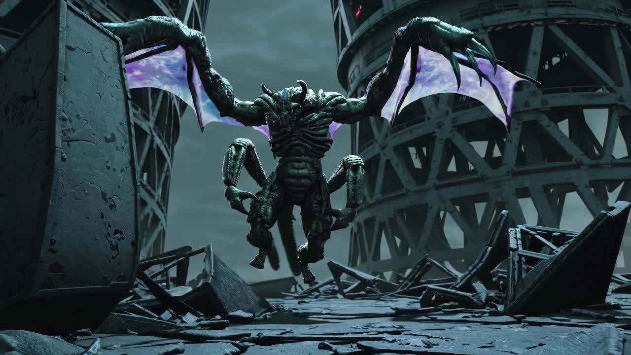 Demon in a Ruined Cityscape