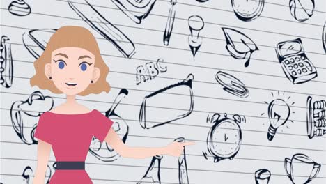 animación de una mujer hablando sobre dibujos escolares