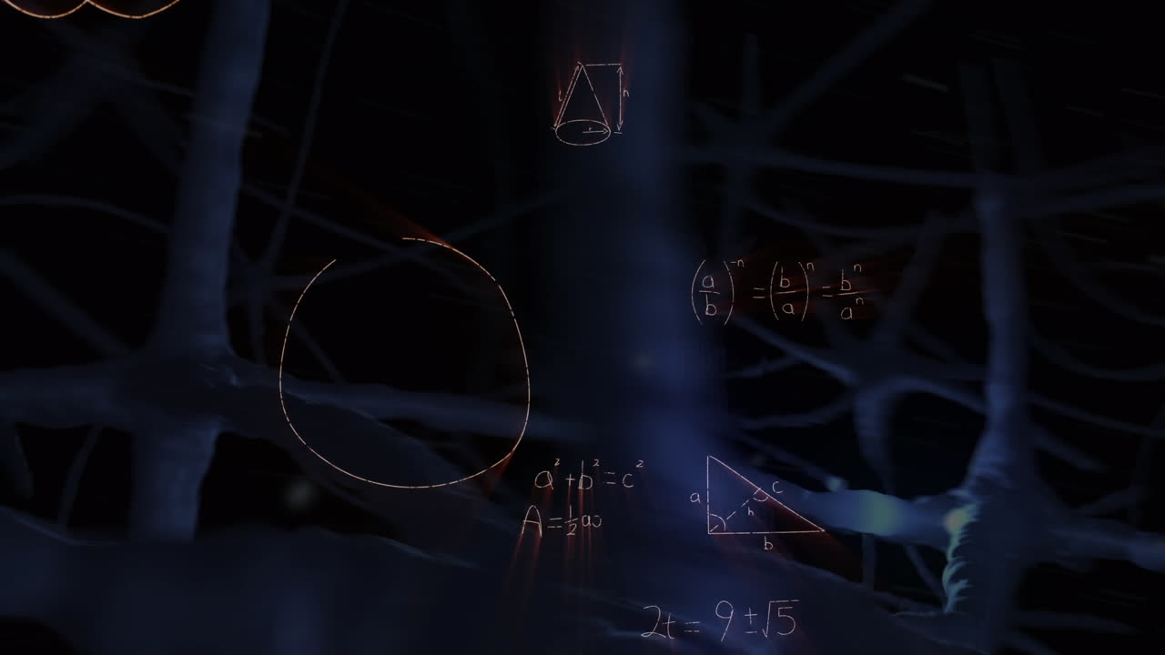 animación de ecuaciones matemáticas sobre neuronas digitales sobre un fondo negro