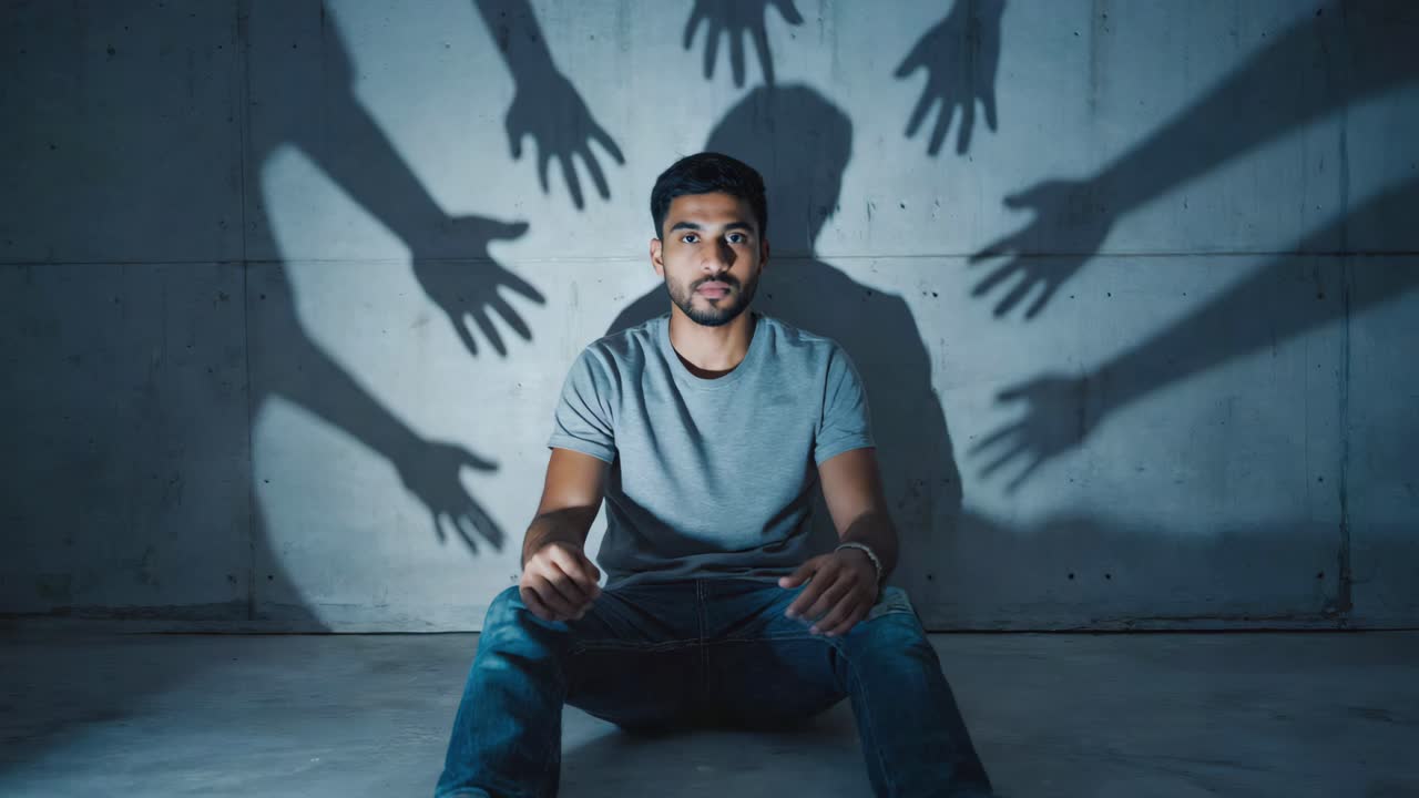 Man surrounded by hand shadows symbolizing fear and anxiety