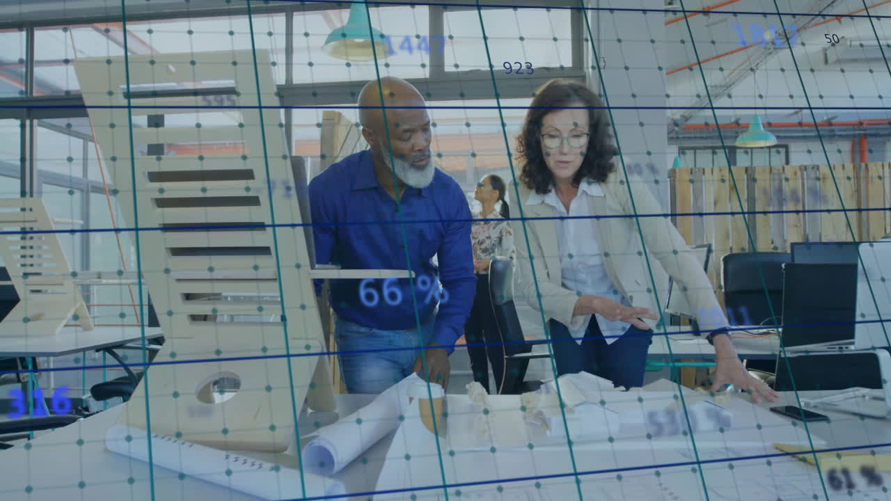 Animazione di analisi dati aziendali su diversi professionisti che collaborano in un ufficio moderno