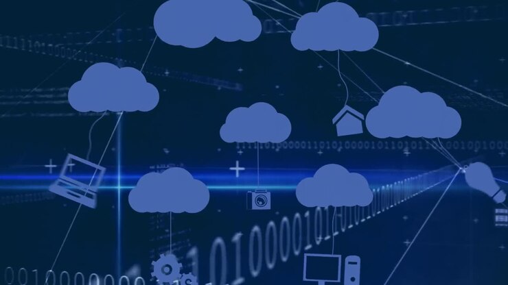 Animation of cloud icons and data processing over dark background
