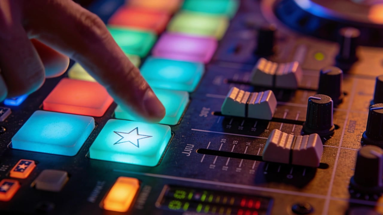 Pressing DJ fingertip responding to LED level cue at DJ booth, activating star-marked pad sample