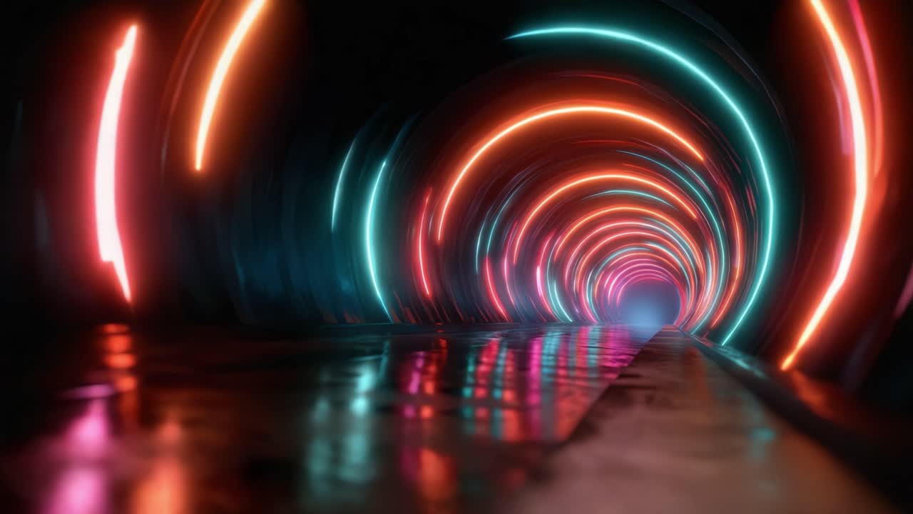 Una sorprendente visualizzazione di un tunnel al neon con luci incandescenti e riflessi che creano un'esperienza enigmatica per gli spettatori che esplorano le profondità della fantasia.
