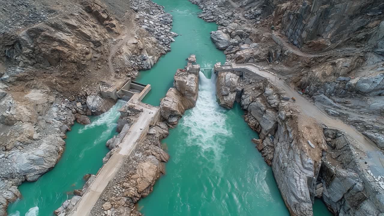 Veduta aerea di un'infrastruttura idroelettrica circondata da terreno roccioso, che mostra il flusso di acqua turchese attraverso i canali e le dighe costruite.