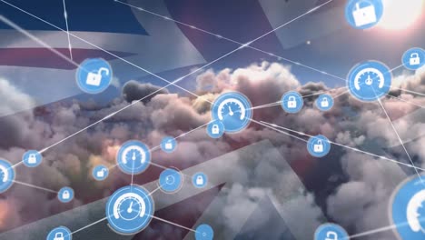animation of network of connections of icons over united kingdom flag and clouds